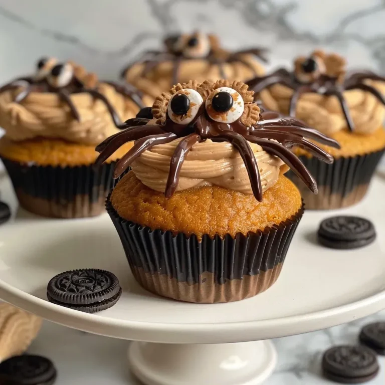 ['Close-up of decorated Halloween Spider Cupcakes with candy eyes and chocolate toppings.', 'Side view of spooky Spider Cupcakes featuring cream cheese frosting and Oreo cookie spiders.', 'Delicious Halloween-themed cupcakes adorned with chocolate spider decorations and vibrant frosting.', 'Detailed close-up photo of Halloween cupcakes, showcasing chocolate spiders and festive designs.']