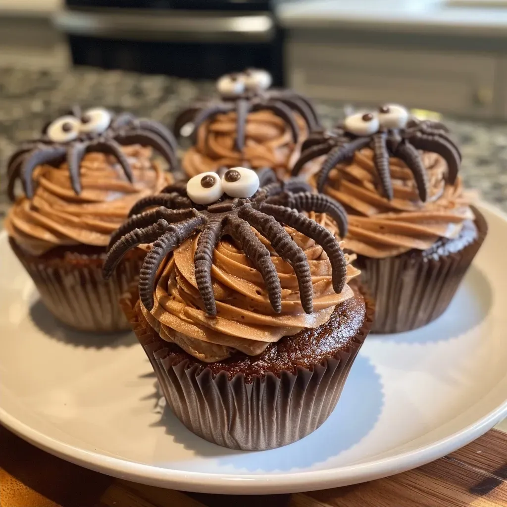 ['Close-up of decorated Halloween Spider Cupcakes with candy eyes and chocolate toppings.', 'Side view of spooky Spider Cupcakes featuring cream cheese frosting and Oreo cookie spiders.', 'Delicious Halloween-themed cupcakes adorned with chocolate spider decorations and vibrant frosting.', 'Detailed close-up photo of Halloween cupcakes, showcasing chocolate spiders and festive designs.']