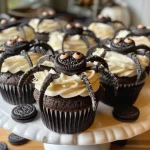 ['A close-up view of Halloween-themed spider cupcakes with Oreo decorations and candy eyes.', 'Side view of two spider cupcakes topped with black buttercream and Oreo cookie details.', 'Juicy, decorated cupcakes resembling spiders, featuring crushed Oreos and candy eyes.', 'Close-up of cupcakes with a spooky Halloween theme, showcasing an Oreo spider design.']