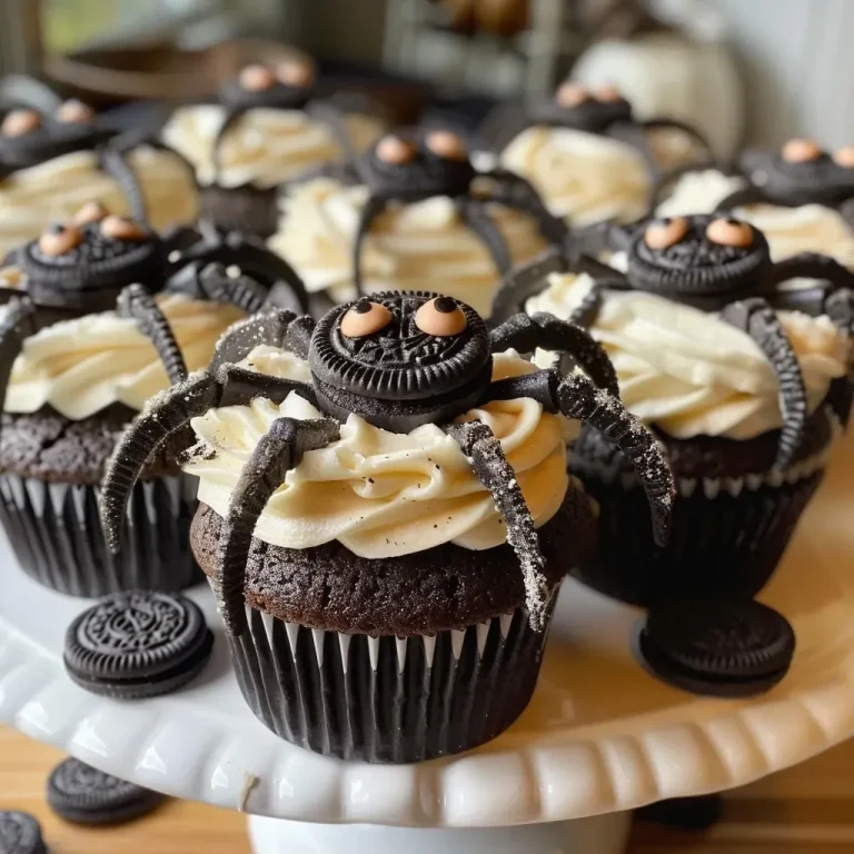 ['A close-up view of Halloween-themed spider cupcakes with Oreo decorations and candy eyes.', 'Side view of two spider cupcakes topped with black buttercream and Oreo cookie details.', 'Juicy, decorated cupcakes resembling spiders, featuring crushed Oreos and candy eyes.', 'Close-up of cupcakes with a spooky Halloween theme, showcasing an Oreo spider design.']