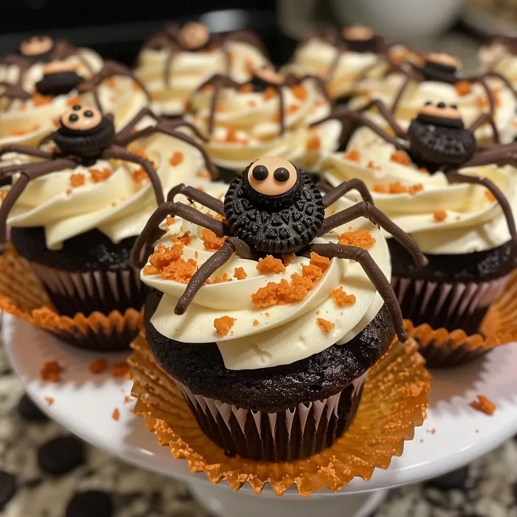 A close-up view of Halloween-themed spider cupcakes with Oreo decorations and candy eyes.