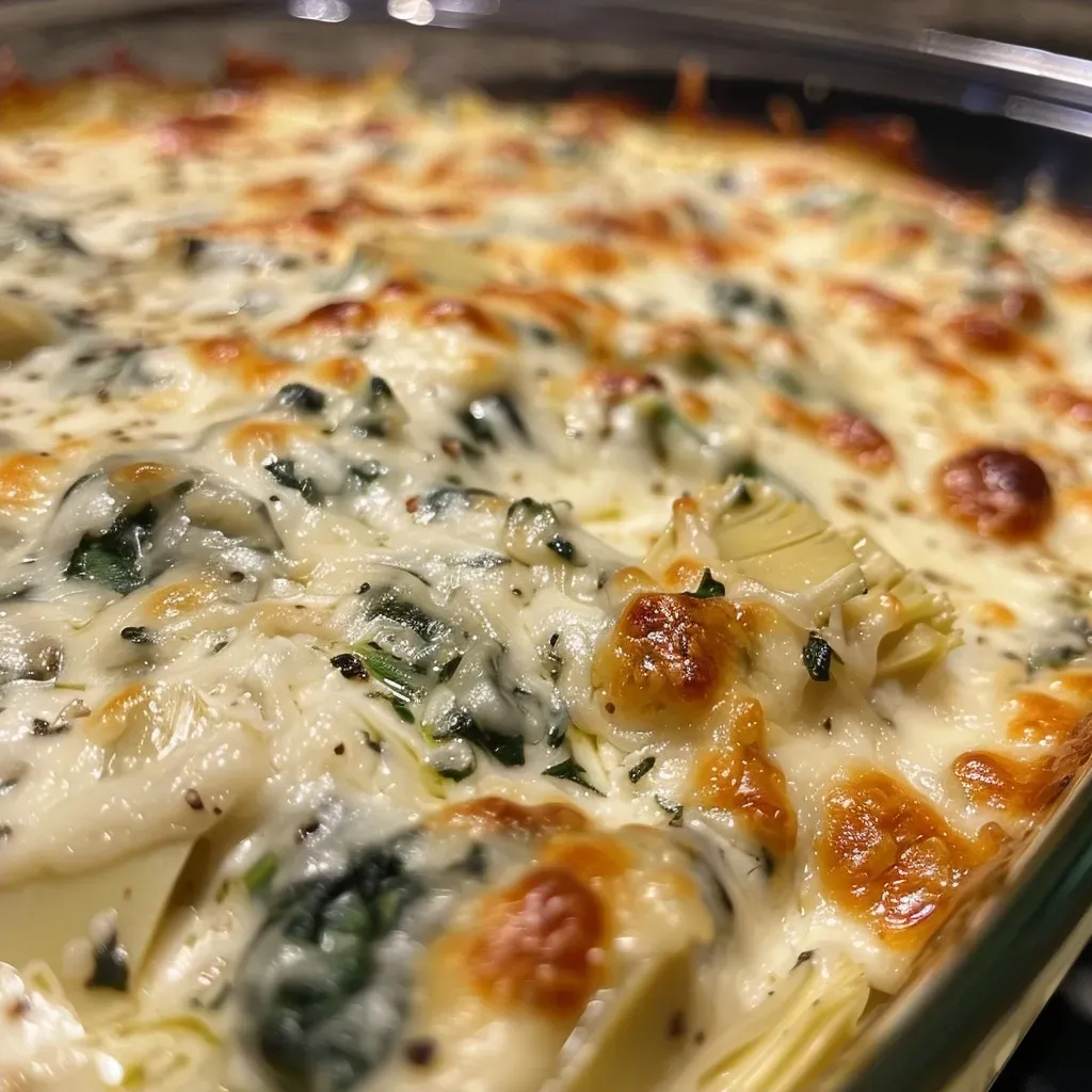 ['A creamy spinach artichoke dip in a bowl, garnished with parsley.', 'Close-up of a cheesy spinach artichoke dip with visible chunks of artichoke.', 'An appetizing spinach artichoke dip served in a dish, with melty cheese on top.', 'A vibrant spinach and artichoke dip, showing a mix of green spinach and golden artichoke.']