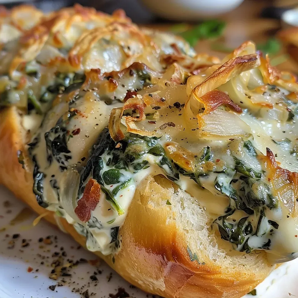 Close-up view of a creamy spinach cob loaf dip in a rustic bowl.