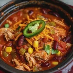 ['A close-up side view of a bowl of Stovetop Chicken Chili with visible chicken chunks and toppings.', 'Close-up shot of a steaming bowl of Chicken Chili, showcasing beans and spices.', 'Side view of a hearty Chicken Chili dish in a bowl, highlighting the colorful ingredients.', 'Detailed view of Stovetop Chicken Chili with chunks of chicken, beans, and garnishes.']
