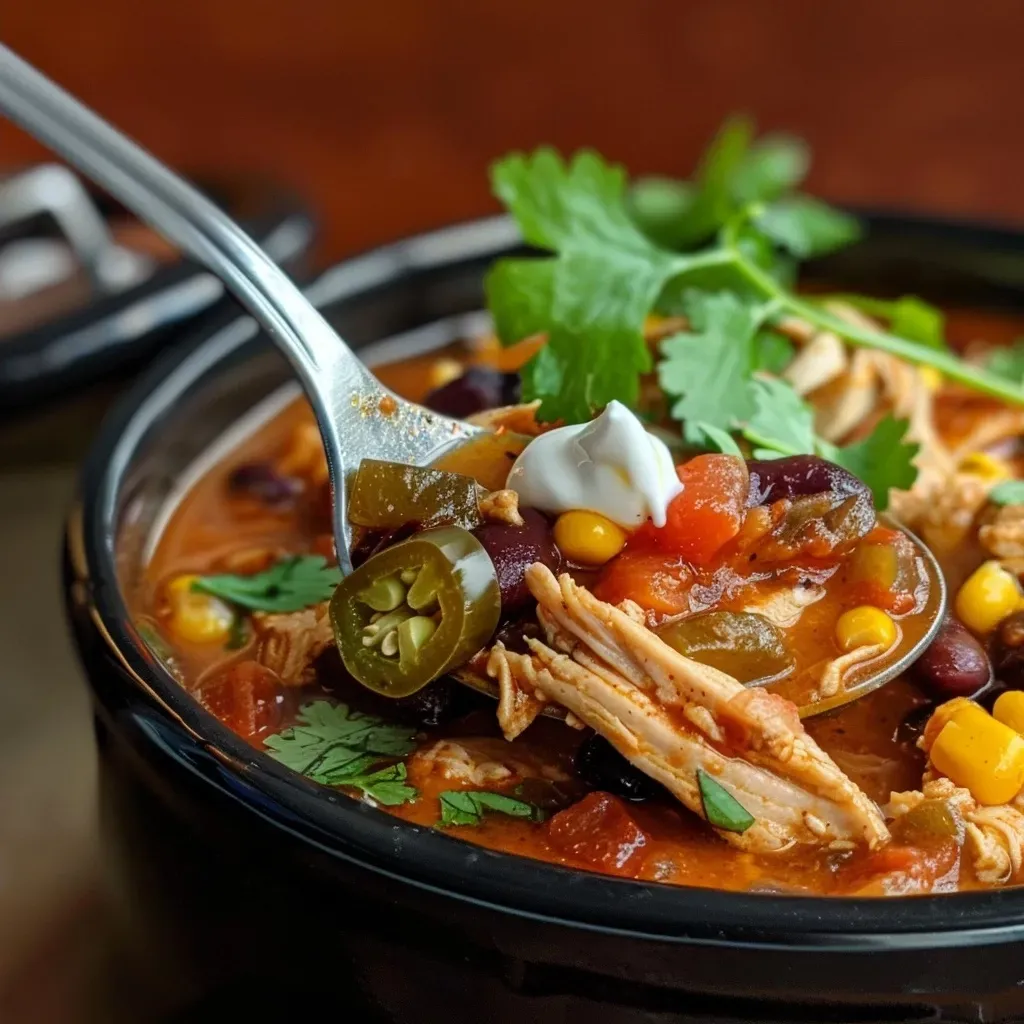 ['A close-up side view of a bowl of Stovetop Chicken Chili with visible chicken chunks and toppings.', 'Close-up shot of a steaming bowl of Chicken Chili, showcasing beans and spices.', 'Side view of a hearty Chicken Chili dish in a bowl, highlighting the colorful ingredients.', 'Detailed view of Stovetop Chicken Chili with chunks of chicken, beans, and garnishes.']