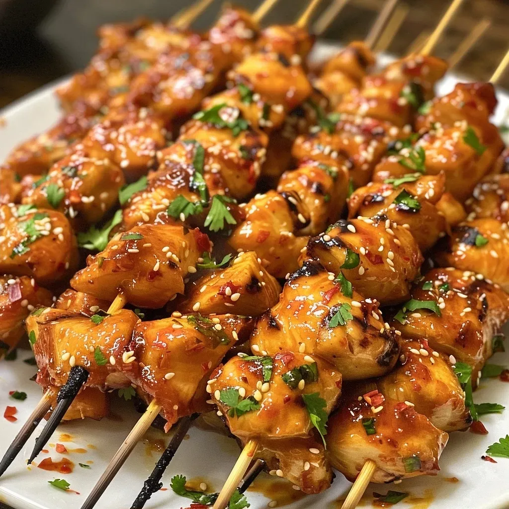 Close-up view of juicy Sweet Chili Chicken Skewers on a plate.