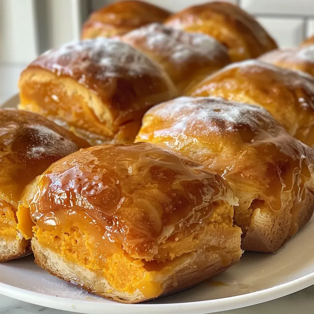 Close-up of golden-brown sweet potato dinner rolls, showcasing a soft, fluffy texture.