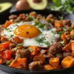 ['Close-up of a hearty sweet potato hash topped with sausage and fried eggs.', 'Colorful plate of sweet potato hash with eggs, sausage, and diced vegetables.', 'Delicious breakfast dish featuring sweet potato hash, sausage, and sunny-side-up eggs.', 'Savory sweet potato hash with colorful ingredients and two eggs on top.']