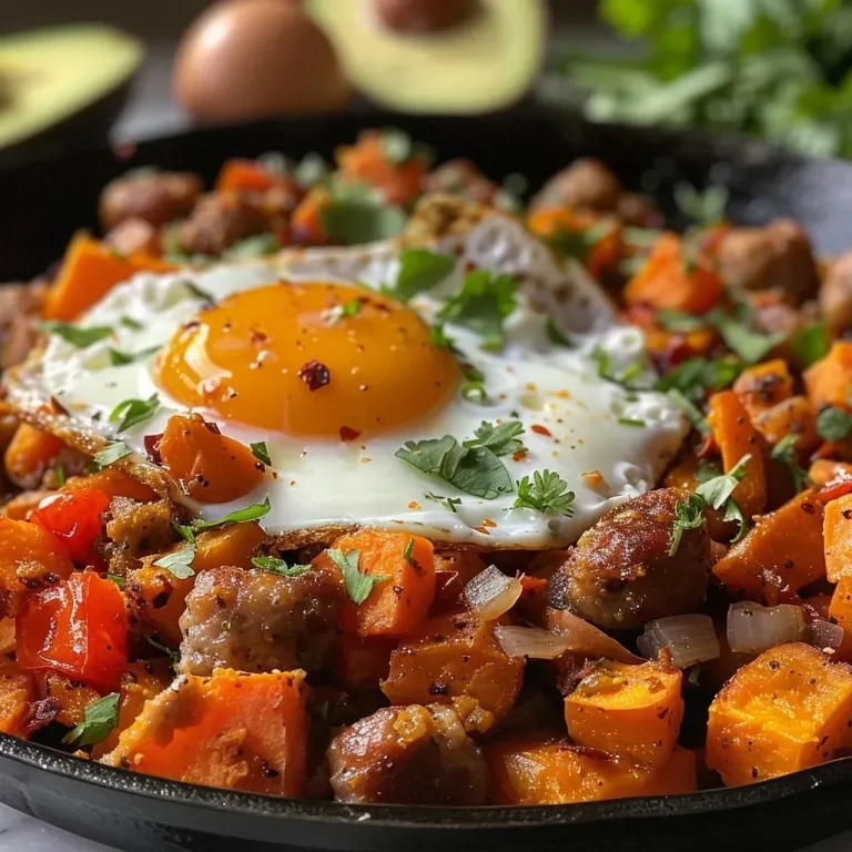 ['Close-up of a hearty sweet potato hash topped with sausage and fried eggs.', 'Colorful plate of sweet potato hash with eggs, sausage, and diced vegetables.', 'Delicious breakfast dish featuring sweet potato hash, sausage, and sunny-side-up eggs.', 'Savory sweet potato hash with colorful ingredients and two eggs on top.']