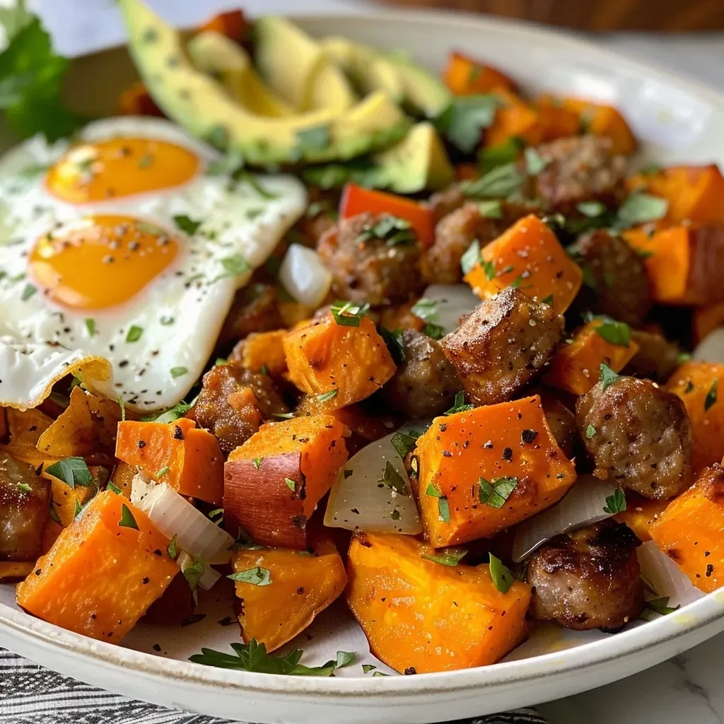 ['Close-up of a hearty sweet potato hash topped with sausage and fried eggs.', 'Colorful plate of sweet potato hash with eggs, sausage, and diced vegetables.', 'Delicious breakfast dish featuring sweet potato hash, sausage, and sunny-side-up eggs.', 'Savory sweet potato hash with colorful ingredients and two eggs on top.']