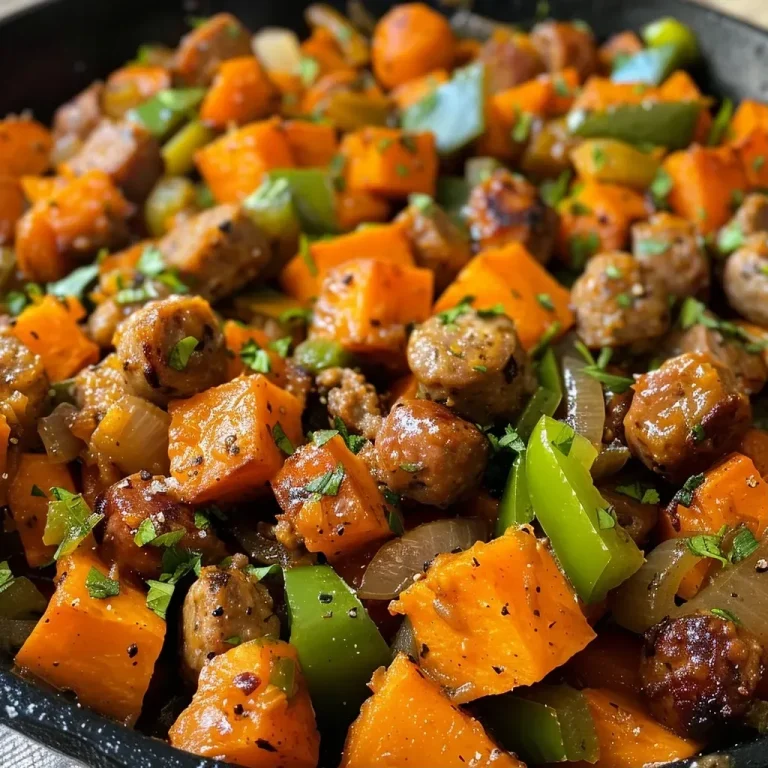 ['Close-up of a colorful Sweet Potato Sausage Skillet with diced vegetables.', 'Side view of a hearty Sweet Potato Sausage Skillet, showcasing vibrant bell peppers and sausage.', 'Juicy Sweet Potato Sausage Skillet filled with sweet potatoes, sausage, and mixed vegetables.', 'A delicious Sweet Potato Sausage Skillet full of fresh ingredients and garnished beautifully.']