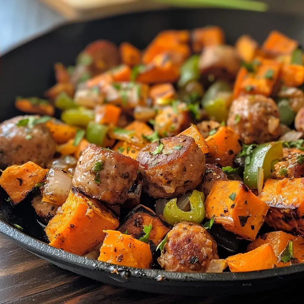 Close-up of a colorful Sweet Potato Sausage Skillet with diced vegetables.