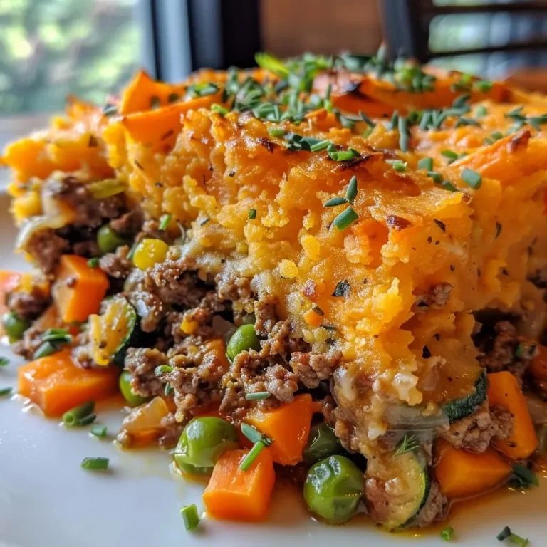 ["Close-up view of a vibrant Sweet Potato Shepherd's Pie topped with golden mashed sweet potatoes.", "Side angle of a deliciously baked Sweet Potato Shepherd's Pie with colorful vegetable mix peeking through.", "Juicy Sweet Potato Shepherd's Pie showcasing the fluffy sweet potato topping and hearty filling.", "Detailed side view of a homemade Sweet Potato Shepherd's Pie with an inviting crust and colorful ingredients."]