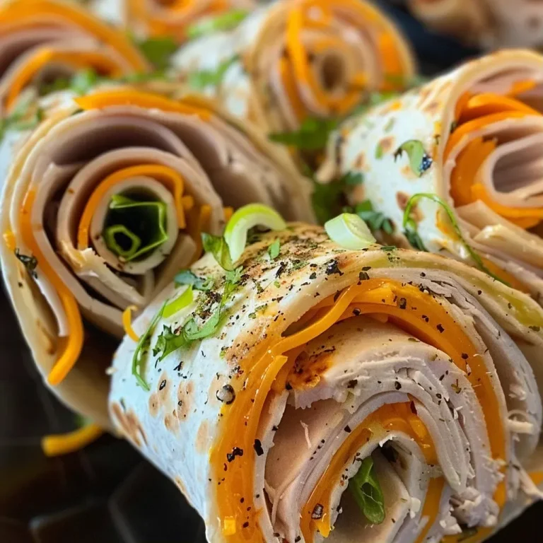 ['A close-up side view of Turkey Cheddar Lunch Roll Ups arranged neatly on a plate.', 'Juicy Turkey Cheddar Lunch Roll Ups with vibrant lettuce, cheese, and tortilla visible in a close-up shot.', 'Side view of Turkey Cheddar Lunch Roll Ups showcasing layers of turkey, cheddar, and greens.', 'Deliciously rolled Turkey Cheddar Lunch Roll Ups with a focus on colorful ingredients.']