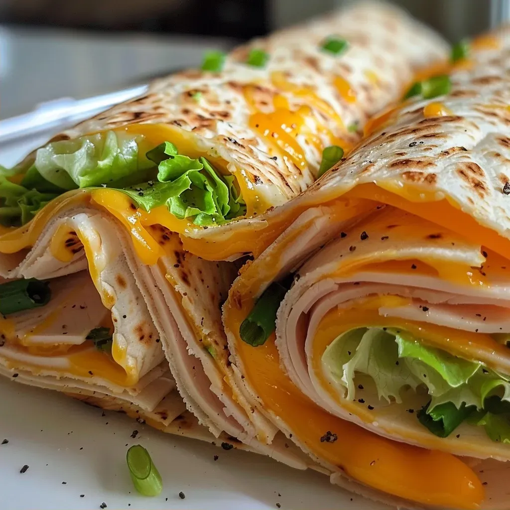 ['A close-up side view of Turkey Cheddar Lunch Roll Ups arranged neatly on a plate.', 'Juicy Turkey Cheddar Lunch Roll Ups with vibrant lettuce, cheese, and tortilla visible in a close-up shot.', 'Side view of Turkey Cheddar Lunch Roll Ups showcasing layers of turkey, cheddar, and greens.', 'Deliciously rolled Turkey Cheddar Lunch Roll Ups with a focus on colorful ingredients.']