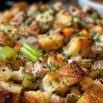 ['Close-up view of a Turkey Stuffing Casserole, showing a golden-brown top and visible chunks of turkey and vegetables.', 'Side view of a hearty Turkey Stuffing Casserole with a rich, creamy texture and a sprinkle of parsley on top.', 'Juicy Turkey Stuffing Casserole displayed in a baking dish, highlighting its delicious layers of stuffing and turkey.', 'Close-up of a Turkey Stuffing Casserole, featuring vibrant vegetables and a bubbling, savory appearance.']