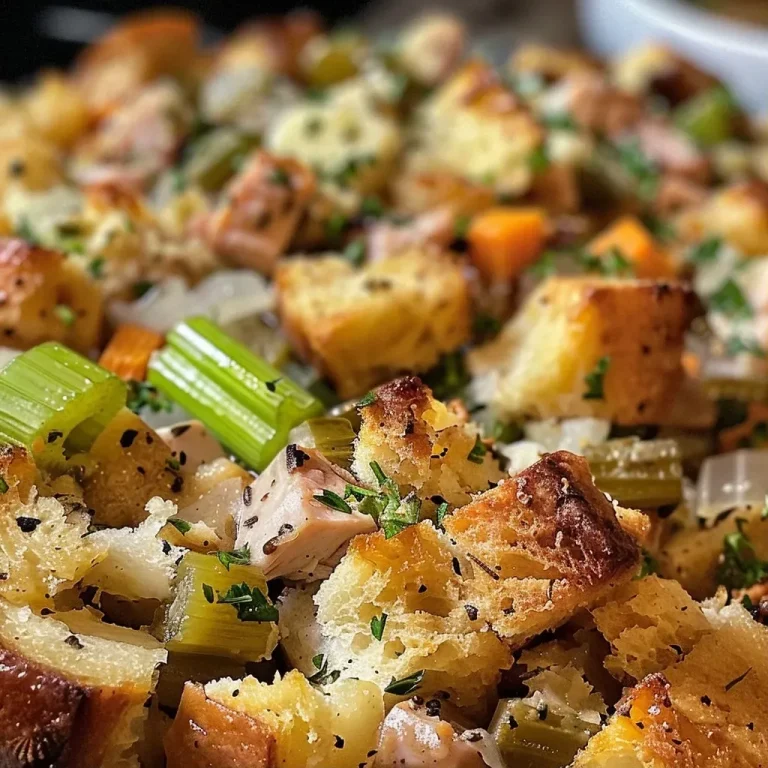 ['Close-up view of a Turkey Stuffing Casserole, showing a golden-brown top and visible chunks of turkey and vegetables.', 'Side view of a hearty Turkey Stuffing Casserole with a rich, creamy texture and a sprinkle of parsley on top.', 'Juicy Turkey Stuffing Casserole displayed in a baking dish, highlighting its delicious layers of stuffing and turkey.', 'Close-up of a Turkey Stuffing Casserole, featuring vibrant vegetables and a bubbling, savory appearance.']