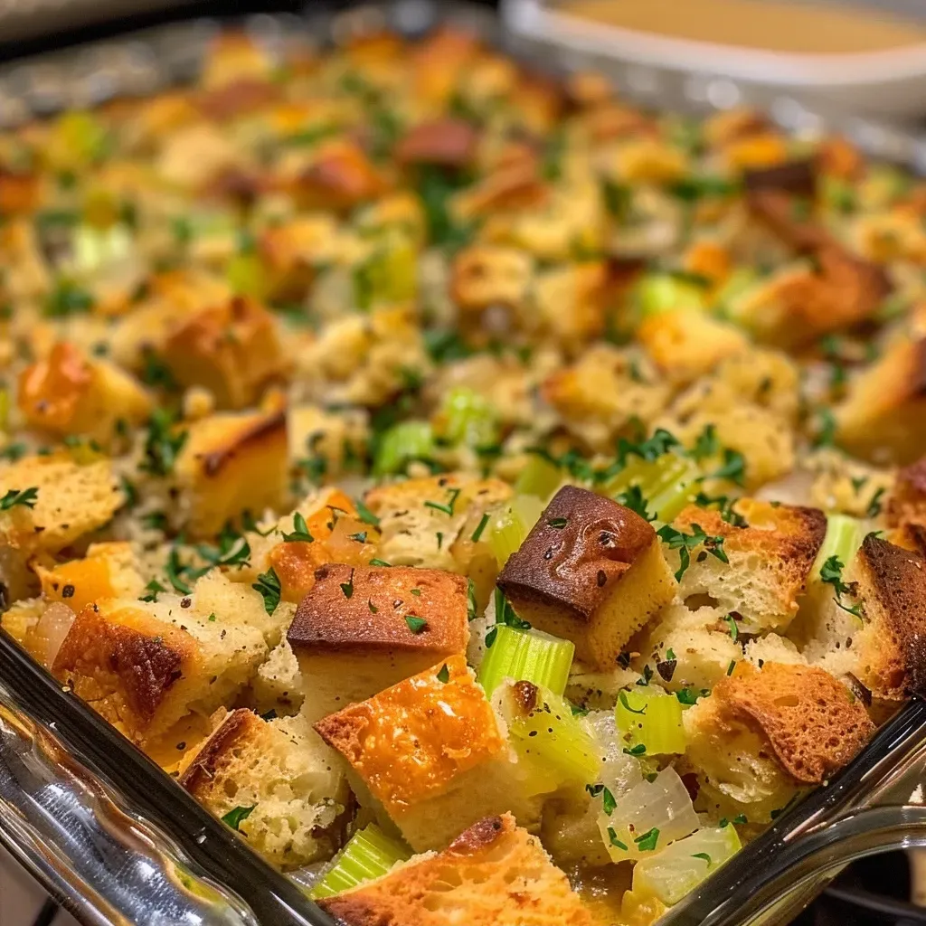 ['Close-up view of a Turkey Stuffing Casserole, showing a golden-brown top and visible chunks of turkey and vegetables.', 'Side view of a hearty Turkey Stuffing Casserole with a rich, creamy texture and a sprinkle of parsley on top.', 'Juicy Turkey Stuffing Casserole displayed in a baking dish, highlighting its delicious layers of stuffing and turkey.', 'Close-up of a Turkey Stuffing Casserole, featuring vibrant vegetables and a bubbling, savory appearance.']