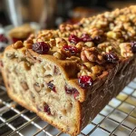 ['A close-up side view of a slice of no-knead cranberry walnut bread, showcasing its texture and ingredients.', 'Juicy cranberry walnut bread displayed on a cutting board, highlighting the walnuts and cranberries in the loaf.', 'A detailed view of a rustic loaf of no-knead cranberry walnut bread with a golden crust and visible fruit pieces.', 'A freshly baked loaf of cranberry walnut bread, sliced and revealing its fluffy interior filled with nuts and berries.']