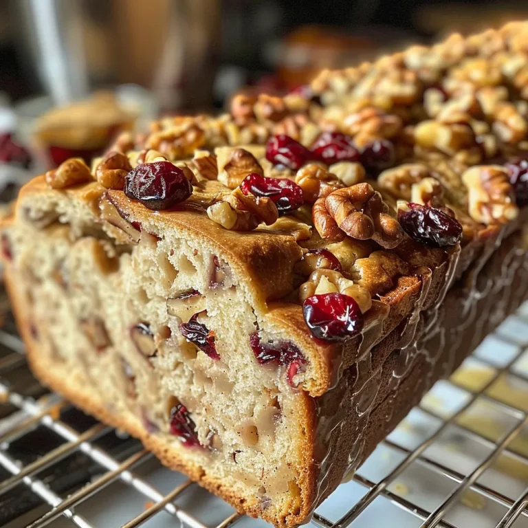 ['A close-up side view of a slice of no-knead cranberry walnut bread, showcasing its texture and ingredients.', 'Juicy cranberry walnut bread displayed on a cutting board, highlighting the walnuts and cranberries in the loaf.', 'A detailed view of a rustic loaf of no-knead cranberry walnut bread with a golden crust and visible fruit pieces.', 'A freshly baked loaf of cranberry walnut bread, sliced and revealing its fluffy interior filled with nuts and berries.']