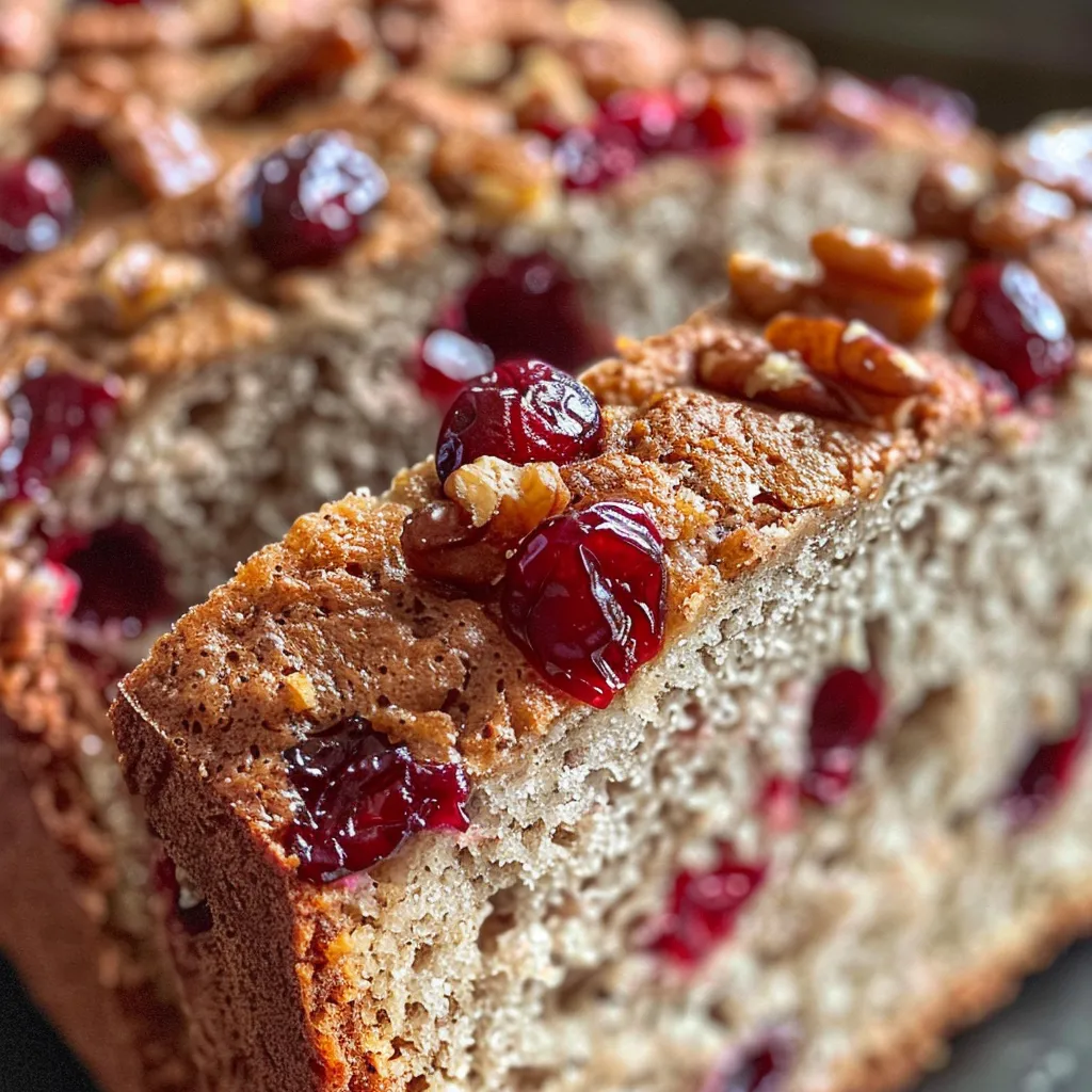 ['A close-up side view of a slice of no-knead cranberry walnut bread, showcasing its texture and ingredients.', 'Juicy cranberry walnut bread displayed on a cutting board, highlighting the walnuts and cranberries in the loaf.', 'A detailed view of a rustic loaf of no-knead cranberry walnut bread with a golden crust and visible fruit pieces.', 'A freshly baked loaf of cranberry walnut bread, sliced and revealing its fluffy interior filled with nuts and berries.']
