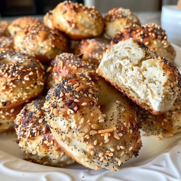 ['Close-up view of golden brown High-Protein Bagel Bites arranged on a wooden board.', 'Side view of freshly baked High-Protein Bagel Bites with a creamy texture visible.', 'Juicy High-Protein Bagel Bites topped with Everything But The Bagel seasoning on a plate.', 'Appetizing High-Protein Bagel Bites showcasing a soft interior and crispy exterior.']