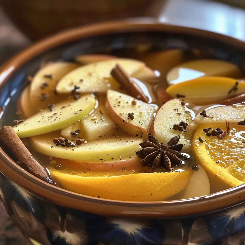 ['A close-up side view of a steaming cup of hot spiced apple cider with cinnamon sticks.', 'A warm bowl of hot spiced apple cider filled with apple slices and orange, garnished with spices.', 'A vibrant cup of hot spiced apple cider surrounded by fresh apples and spices, steaming gently.', 'A detailed view of hot spiced apple cider, showing orange slices and aromatic spices in a clear mug.']