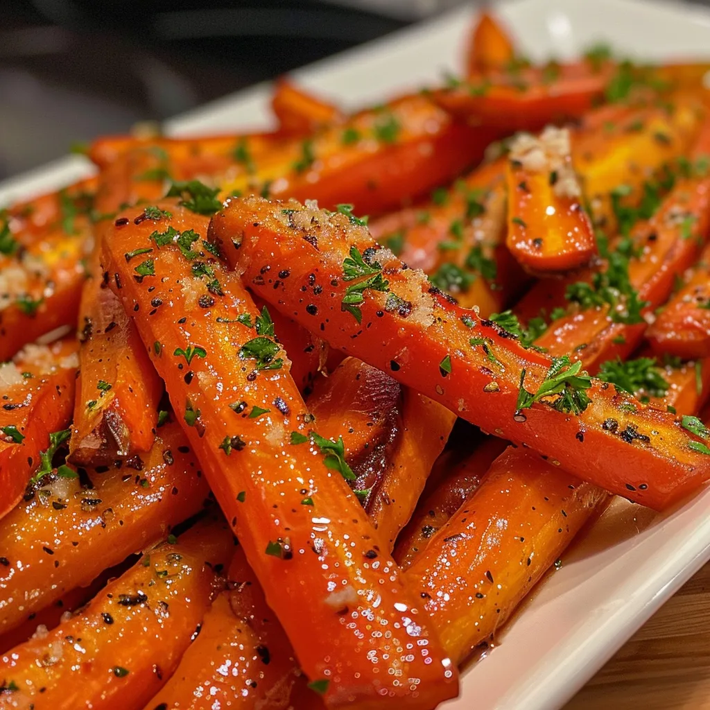 ['Close-up view of glazed maple roasted carrots with a shiny finish.', 'Side view of caramelized carrots drizzled with maple syrup, garnished with parsley.', 'Juicy maple roasted carrots arranged on a plate, showcasing their vibrant color.', 'Delicious roasted carrots coated in a glossy maple glaze, highlighting their texture.']