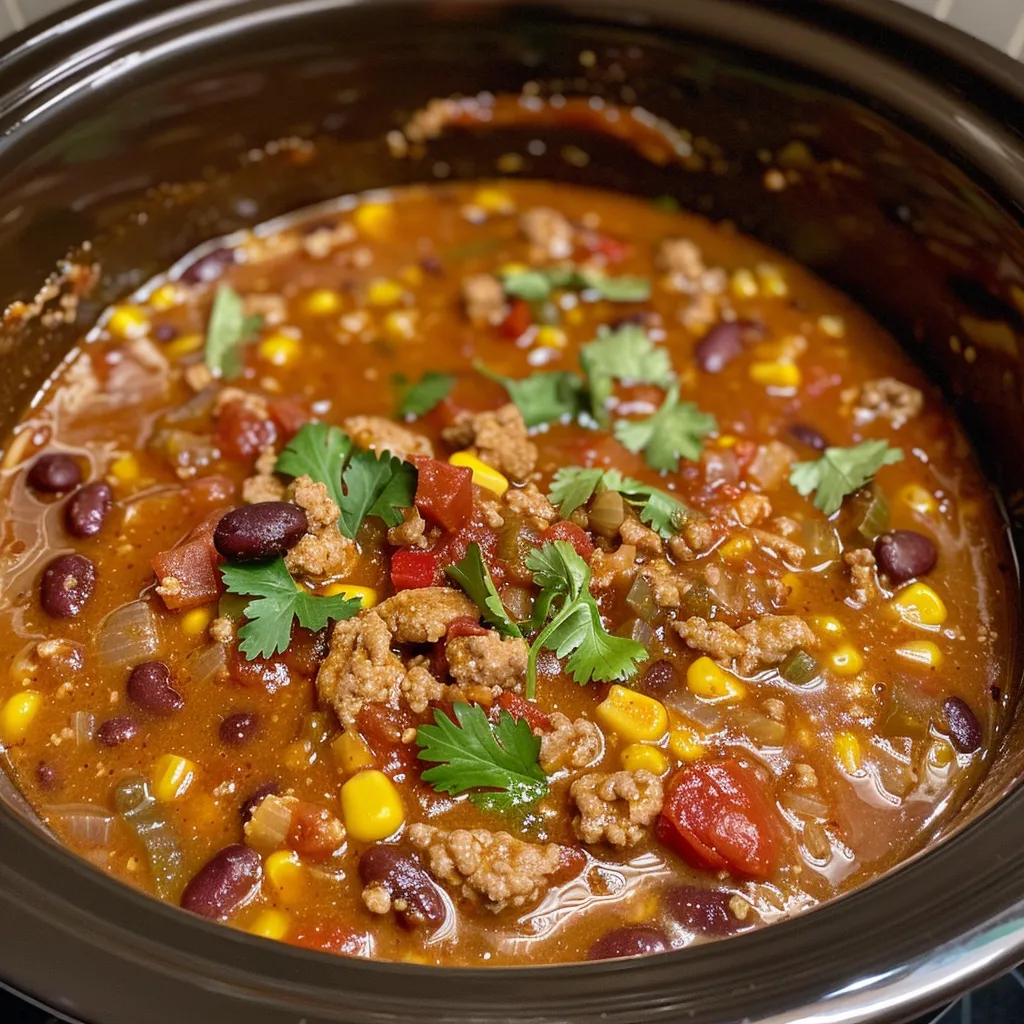 ['Close-up view of a bowl of Crockpot Ground Turkey Chili, showcasing its rich texture and vibrant colors.', 'Side angle of a hearty Crockpot Ground Turkey Chili, highlighting the chunky ingredients and garnishes.', 'Juicy Crockpot Ground Turkey Chili in a bowl, capturing the ingredients and steam rising from the dish.', 'Delicious Crockpot Ground Turkey Chili presented in a bowl, featuring beans, corn, and peppers.']