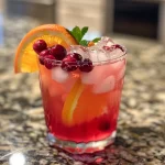 ['Close-up of a colorful Cranberry Sunrise Mocktail with ice and garnishes.', 'Side view of a vibrant mocktail featuring cranberry and orange juices, garnished with cranberries and mint.', 'Refreshing Cranberry Sunrise Mocktail in a glass, showcasing colorful layers and fresh garnishes.', 'Juicy mocktail with cranberry juice, garnished with orange slices and mint leaves, served in a clear glass.']