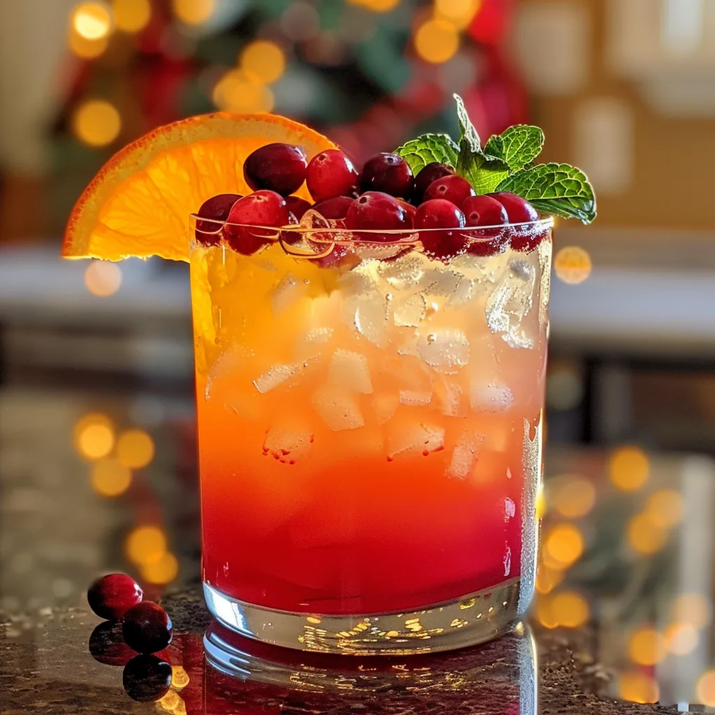 ['Close-up of a colorful Cranberry Sunrise Mocktail with ice and garnishes.', 'Side view of a vibrant mocktail featuring cranberry and orange juices, garnished with cranberries and mint.', 'Refreshing Cranberry Sunrise Mocktail in a glass, showcasing colorful layers and fresh garnishes.', 'Juicy mocktail with cranberry juice, garnished with orange slices and mint leaves, served in a clear glass.']