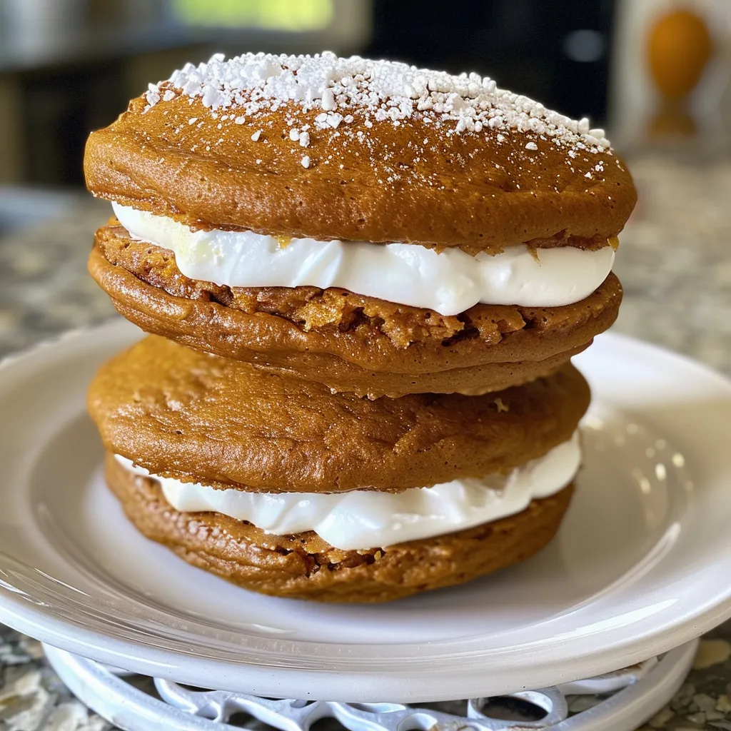 ['Close-up view of a Pumpkin Whoopie Pie with cream filling, showcasing its soft texture.', 'Side view of a freshly baked Pumpkin Whoopie Pie, highlighting its pumpkin-spiced color and creamy center.', 'Detailed image of a Pumpkin Whoopie Pie, emphasizing its fluffy exterior and rich cream cheese frosting.', 'Close-up shot of two Pumpkin Whoopie Pies stacked, revealing their soft, inviting texture and sprinkles on top.']