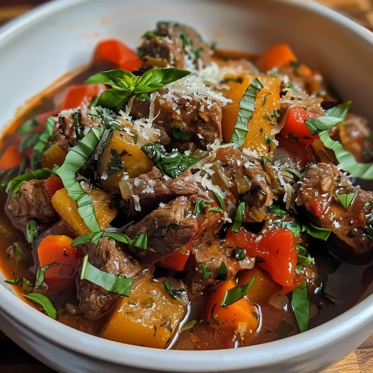 ['Close-up of a delicious Slow Cooker Summer Beef Stew in a bowl, featuring colorful vegetables.', 'Side view of a hearty beef stew with chunks of meat and vibrant bell peppers and zucchini.', 'Juicy Slow Cooker Beef Stew showcasing fresh ingredients, garnished with basil and parmesan.', 'Appetizing stew filled with tender beef, garlic, and a mix of colorful vegetables in a rustic bowl.']