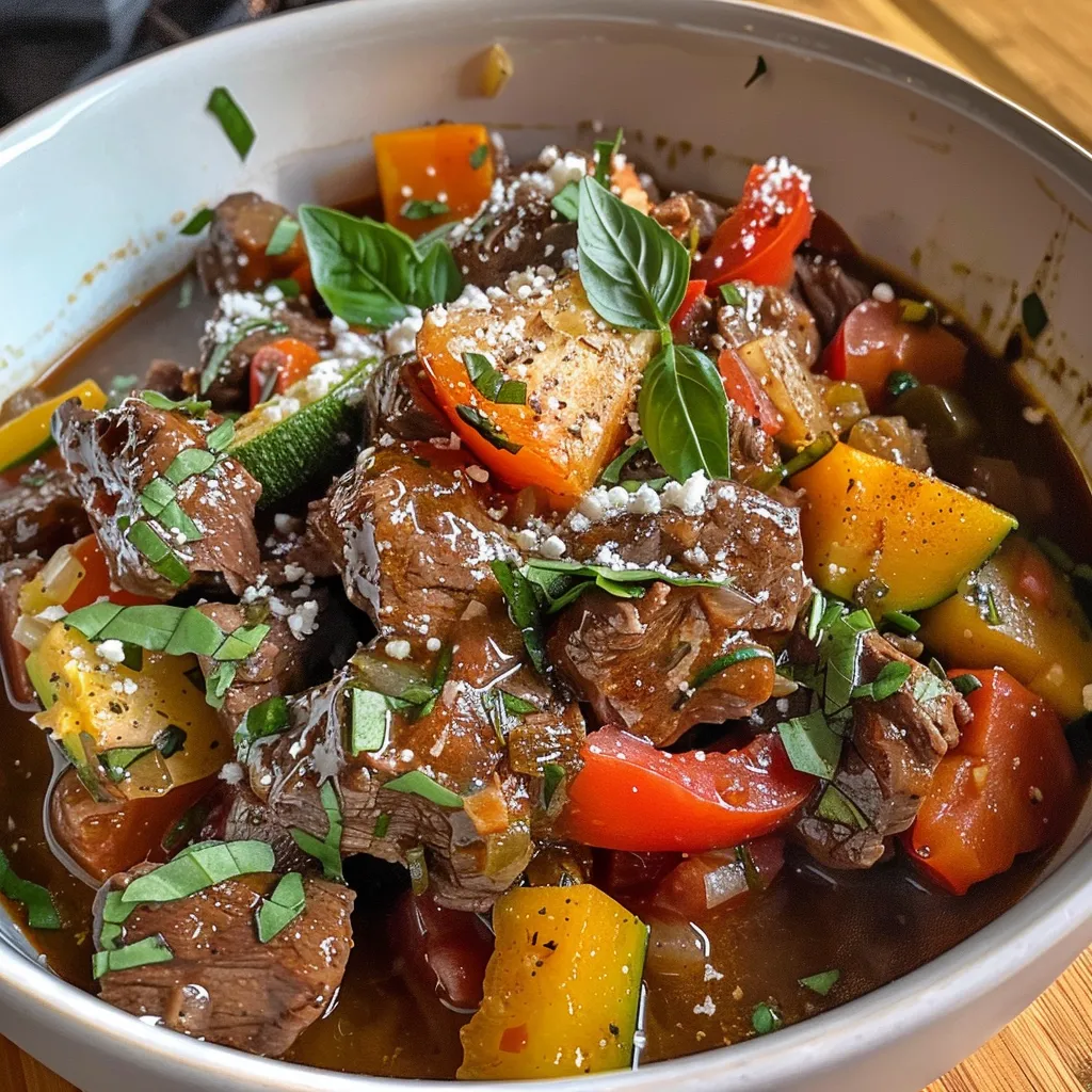['Close-up of a delicious Slow Cooker Summer Beef Stew in a bowl, featuring colorful vegetables.', 'Side view of a hearty beef stew with chunks of meat and vibrant bell peppers and zucchini.', 'Juicy Slow Cooker Beef Stew showcasing fresh ingredients, garnished with basil and parmesan.', 'Appetizing stew filled with tender beef, garlic, and a mix of colorful vegetables in a rustic bowl.']