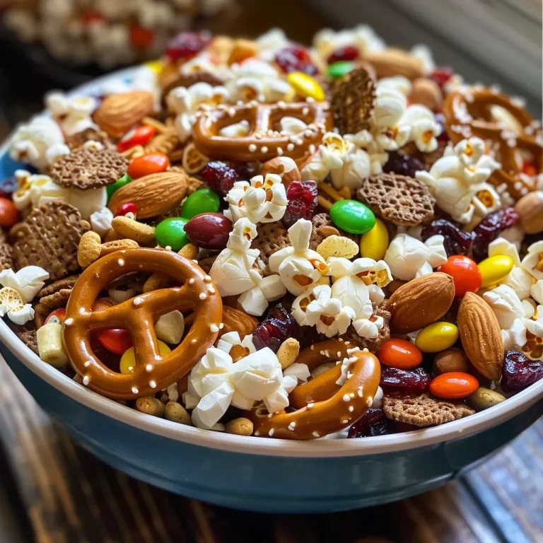 ['Close-up of a colorful snack mix featuring football-shaped pretzels and candy.', 'Side view of Touchdown Snack Mix with pretzels, popcorn, nuts, and sweets.', 'Detailed shot of a vibrant snack mix filled with various ingredients in a bowl.', 'Mouthwatering blend of pretzels, caramel popcorn, and M&M’s in a close-up view.']