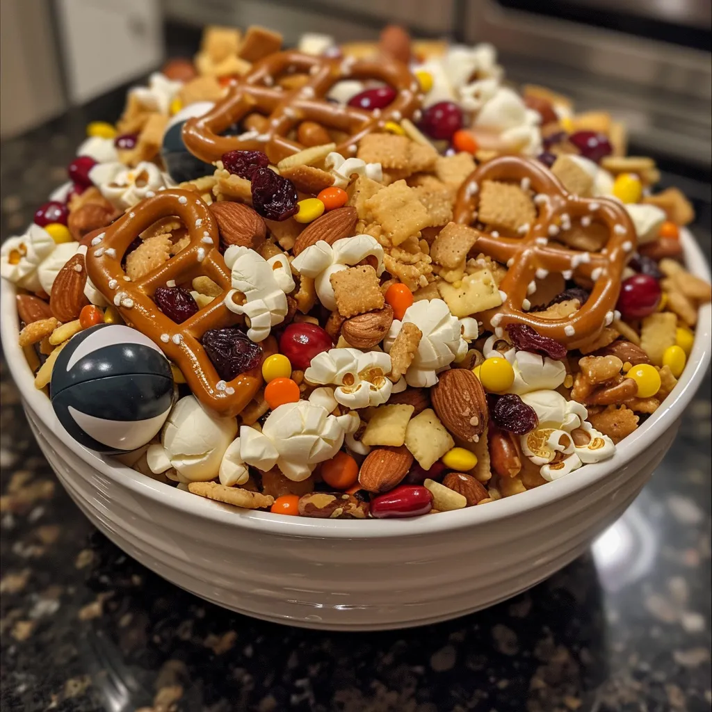 ['Close-up of a colorful snack mix featuring football-shaped pretzels and candy.', 'Side view of Touchdown Snack Mix with pretzels, popcorn, nuts, and sweets.', 'Detailed shot of a vibrant snack mix filled with various ingredients in a bowl.', 'Mouthwatering blend of pretzels, caramel popcorn, and M&M’s in a close-up view.']