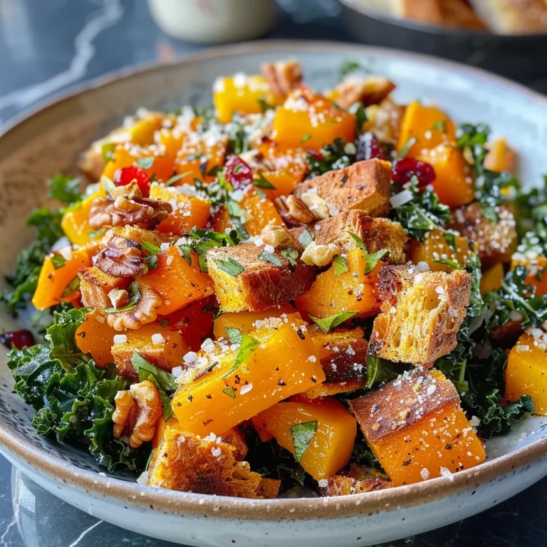 ['Close-up view of a vibrant Butternut Squash Panzanella Salad with colorful ingredients.', 'Side view of a fresh salad featuring cubed butternut squash, kale, and crunchy walnuts.', 'Juicy and colorful Butternut Squash Panzanella Salad displayed in a bowl, showcasing various textures.', 'Detailed close-up of a Butternut Squash Panzanella Salad highlighting the ingredients and dressing.']