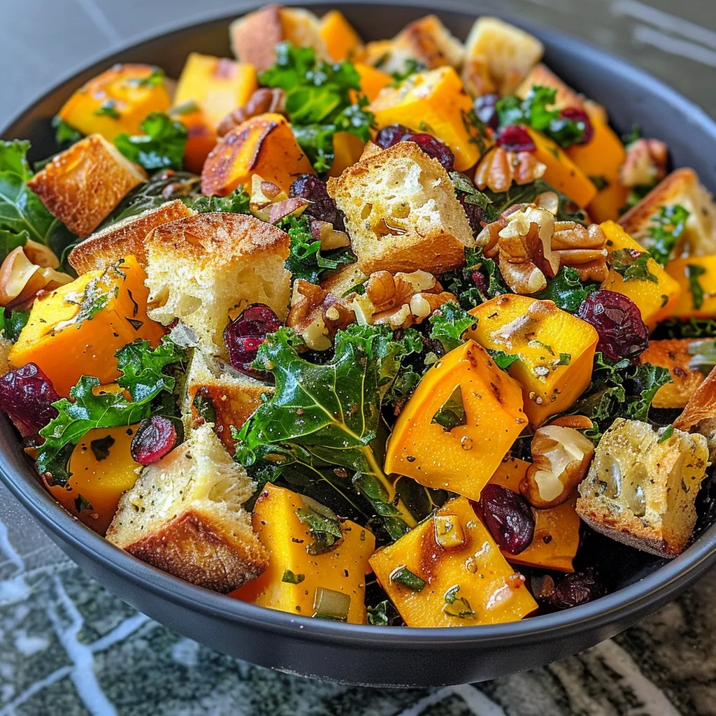 ['Close-up view of a vibrant Butternut Squash Panzanella Salad with colorful ingredients.', 'Side view of a fresh salad featuring cubed butternut squash, kale, and crunchy walnuts.', 'Juicy and colorful Butternut Squash Panzanella Salad displayed in a bowl, showcasing various textures.', 'Detailed close-up of a Butternut Squash Panzanella Salad highlighting the ingredients and dressing.']