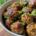 ['Close-up of juicy Lunchbox Meatballs arranged on a plate.', 'Side view of perfectly cooked meatballs with a garnish of parsley.', 'Delicious meatballs displayed with a golden-brown crust.', 'Freshly made Lunchbox Meatballs ready to serve, with seasonings visible.']
