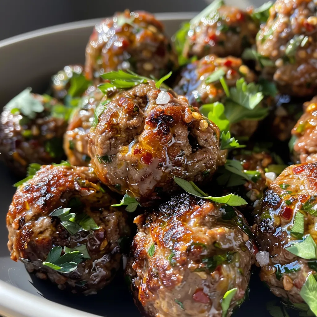 ['Close-up of juicy Lunchbox Meatballs arranged on a plate.', 'Side view of perfectly cooked meatballs with a garnish of parsley.', 'Delicious meatballs displayed with a golden-brown crust.', 'Freshly made Lunchbox Meatballs ready to serve, with seasonings visible.']