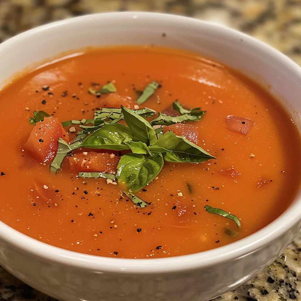 ['Close-up of creamy tomato soup in a bowl, garnished with fresh basil.', 'Side view of a steaming bowl of tomato soup, with a drizzle of olive oil.', 'Rich tomato soup with visible chunks of tomatoes and herbs, served in a rustic bowl.', 'Bowl of vibrant tomato soup, showcasing its thick consistency and fresh ingredients.']