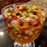 ['Close-up of a glass of Caramel Apple Punch, garnished with apple slices and cranberries.', 'Side view of a refreshing Caramel Apple Punch, featuring caramel drizzles and colorful apple slices.', 'A vibrant bowl of Caramel Apple Punch with ice, apples, and cranberries visible.', 'Detailed image of Caramel Apple Punch in a glass, highlighting the caramel color and fruit garnishes.']