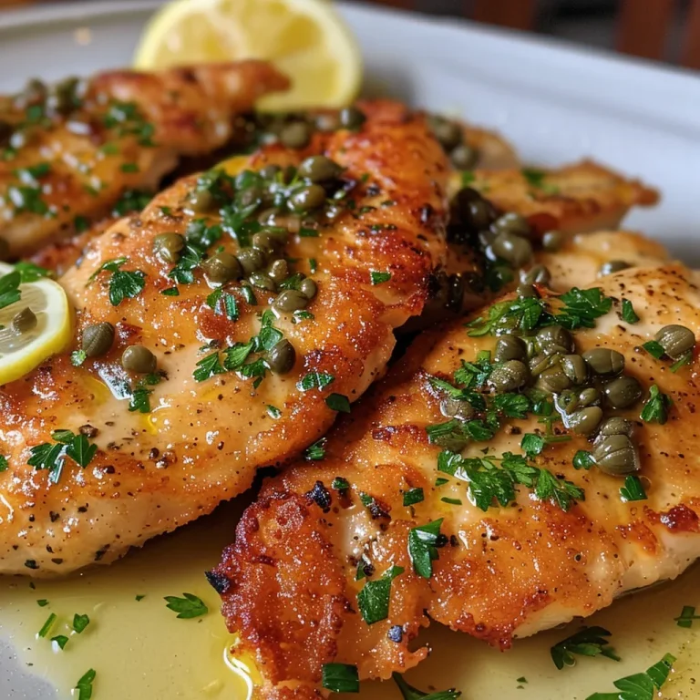 ['Close-up view of Chicken Piccata on a plate, showcasing golden-brown chicken with capers and lemon slices.', 'Side view of a tasty Chicken Piccata dish, featuring cooked chicken in a rich sauce with herbs and spices.', 'Detailed look at Chicken Piccata, highlighting its juicy, tender chicken, capers, and a lemon garnish.', 'Juicy Chicken Piccata captured from the side, revealing the crispy coating and vibrant lemon zest.']