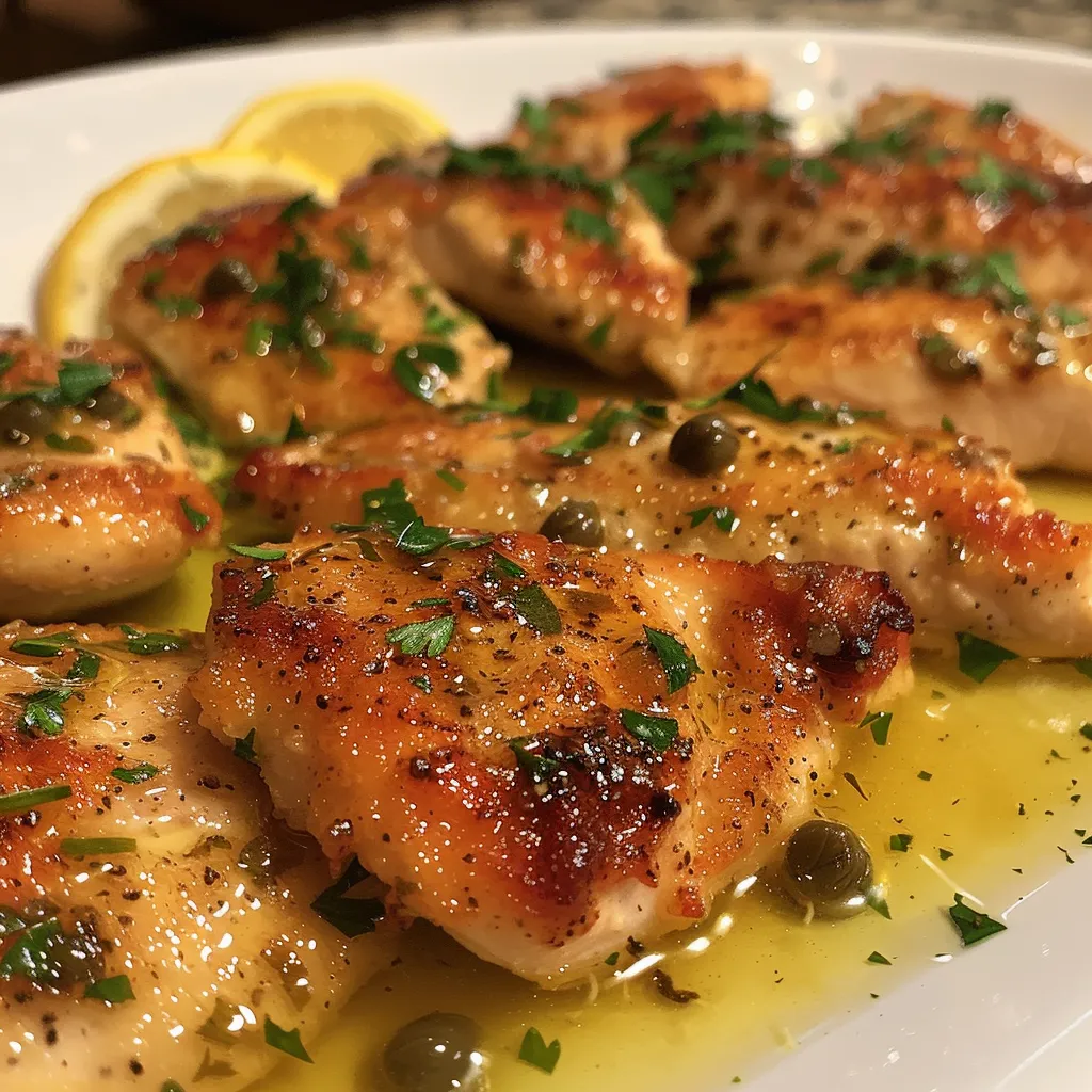 Close-up view of Chicken Piccata on a plate, showcasing golden-brown chicken with capers and lemon slices.