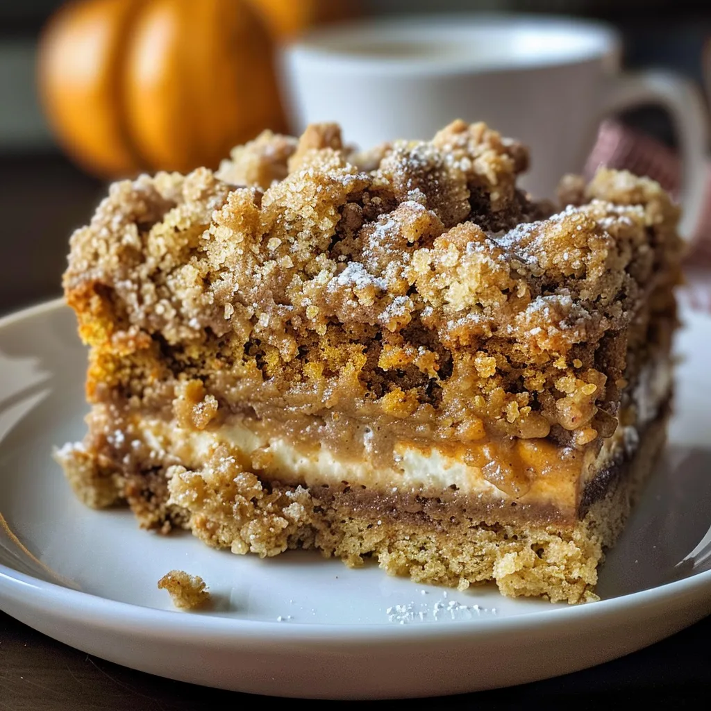 ['Close-up view of Pumpkin Crumb Coffee Cake with a crumbly topping.', 'Side view of a slice of Pumpkin Crumb Coffee Cake showcasing its texture.', 'Juicy slice of Pumpkin Crumb Coffee Cake with visible spices and crumb topping.', 'Detailed image of Pumpkin Crumb Coffee Cake highlighting its moistness and ingredients.']