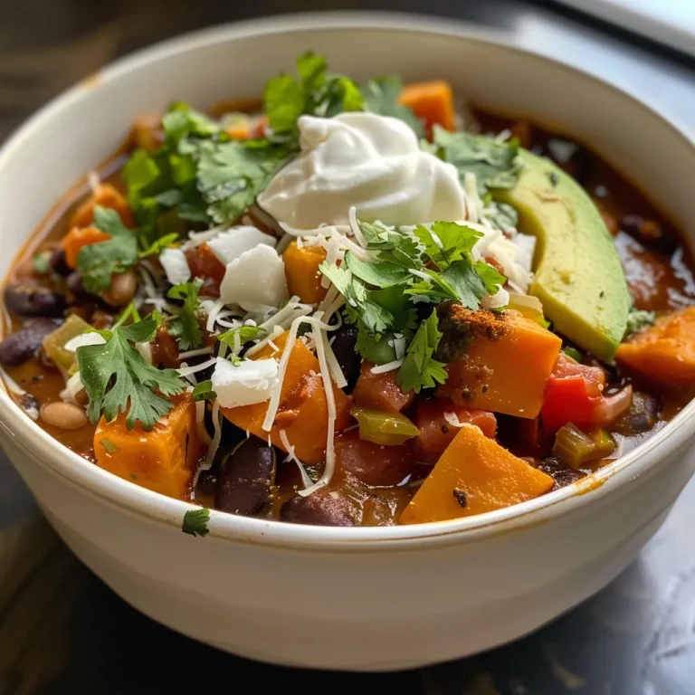['A close-up view of a bowl of Sweet Potato Black Bean Chili, topped with avocado and cilantro.', 'Side view of a vibrant chili dish featuring sweet potatoes and black beans, garnished with tortilla strips.', 'A hearty serving of Sweet Potato Black Bean Chili, showcasing diced sweet potatoes and black beans with a dollop of vegan sour cream.', 'Detailed image of a bowl filled with colorful Sweet Potato Black Bean Chili, decorated with fresh herbs and toppings.']
