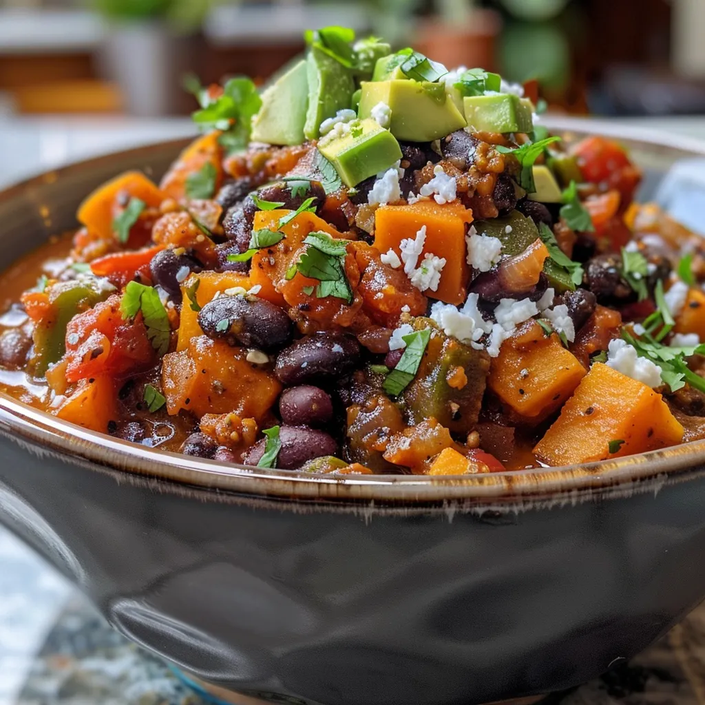 ['A close-up view of a bowl of Sweet Potato Black Bean Chili, topped with avocado and cilantro.', 'Side view of a vibrant chili dish featuring sweet potatoes and black beans, garnished with tortilla strips.', 'A hearty serving of Sweet Potato Black Bean Chili, showcasing diced sweet potatoes and black beans with a dollop of vegan sour cream.', 'Detailed image of a bowl filled with colorful Sweet Potato Black Bean Chili, decorated with fresh herbs and toppings.']