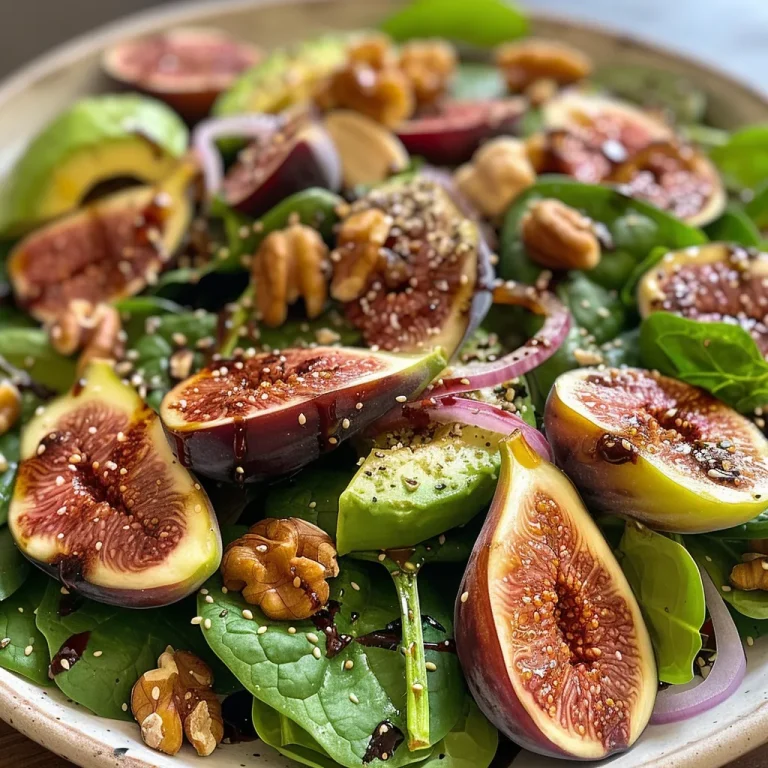 ['A vibrant spinach salad with figs, avocado, and walnuts arranged beautifully.', 'Side view of a fresh spinach fig salad featuring sliced figs and creamy avocado.', 'Close-up of a colorful spinach salad topped with chopped red onions and walnuts.', 'Juicy spinach salad showcasing halved figs, avocado slices, and a drizzle of balsamic vinaigrette.']