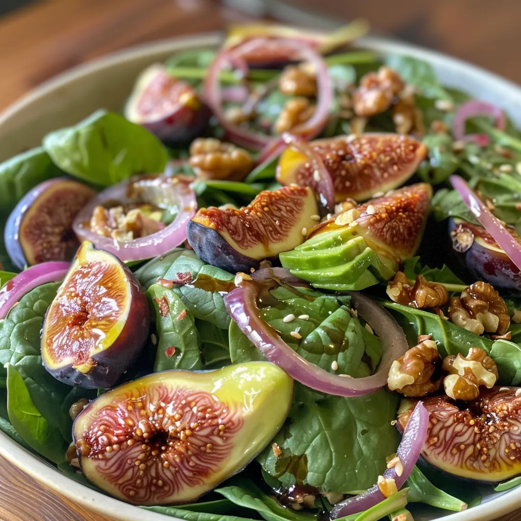 A vibrant spinach salad with figs, avocado, and walnuts arranged beautifully.
