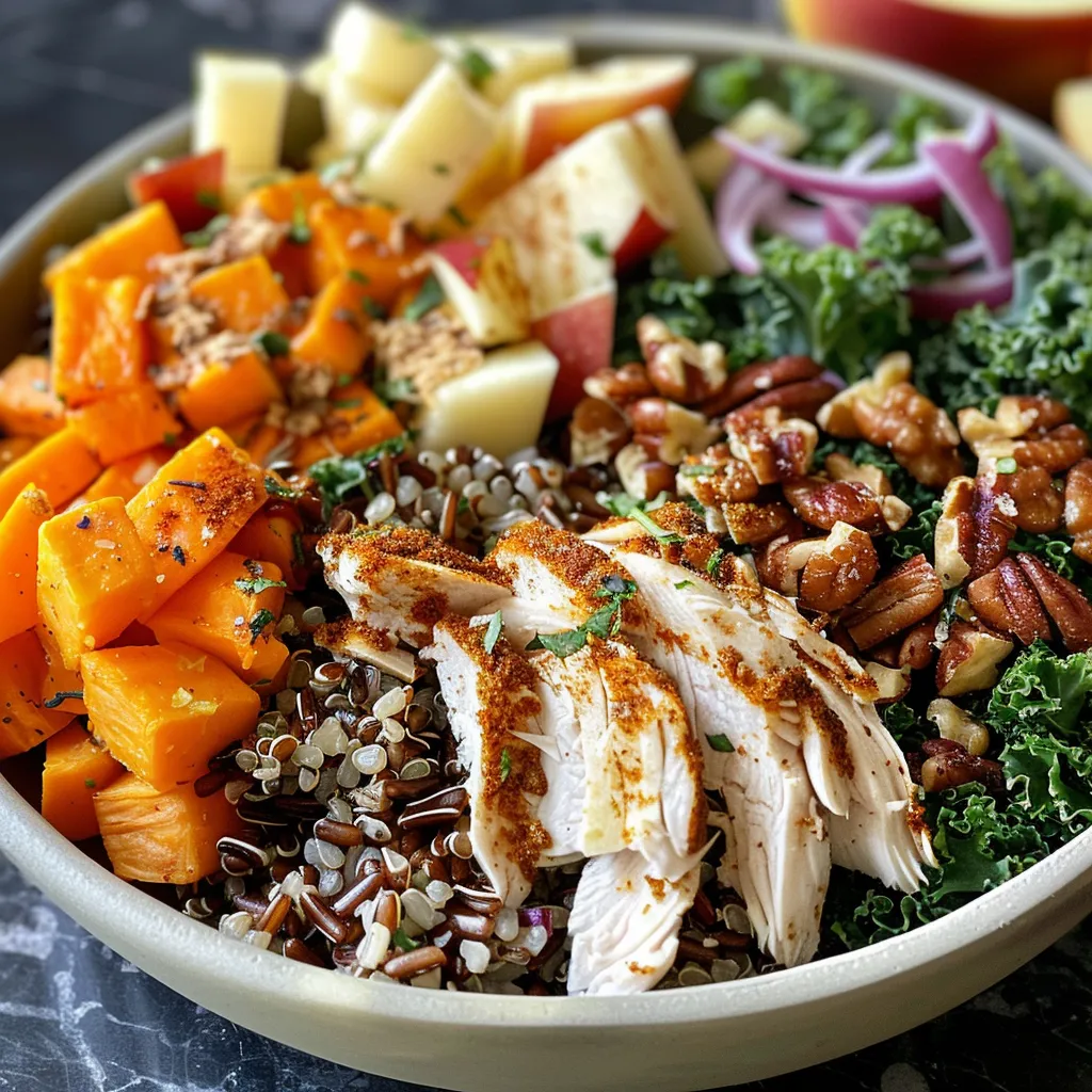['A close-up side view of a colorful autumn grain bowl featuring wild rice, quinoa, sweet potato, chicken, and greens.', 'A vibrant cozy grain bowl filled with various ingredients like diced sweet potatoes, kale, and chopped nuts, captured from a side angle.', 'A side view of a delicious grain bowl showcasing layers of quinoa, roasted vegetables, and fresh apple, taken with an iPhone.', 'A detailed image of an autumn-inspired grain bowl with ingredients such as chicken, kale, and walnuts, emphasizing its colorful presentation.']